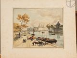 painting of a view of a river with boats and people on the shore