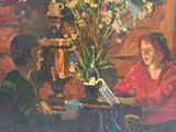 a painting of a woman sitting at a table with a bird on it
