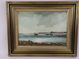 une peinture à l'huile représentant une vue d'un port avec des bateaux sur l'eau