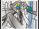 a painting of a woman talking on a cell phone while sitting in a chair