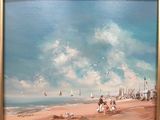 une peinture de personnes sur la plage au bord de l'eau