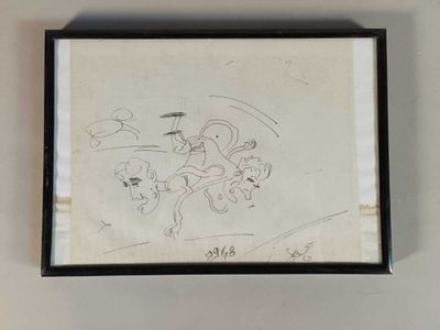 dessin encadré représentant un homme à cheval, avec un chien sur le dos