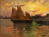 painting of two boats in a body of water with a sunset in the background