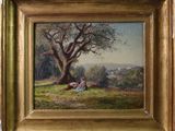 une peinture à l'huile représentant un couple assis sous un arbre dans un champ