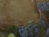 a painting of a basket of blue flowers on a table