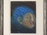 painting of a man with blue hair in a frame on a wall