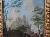 tableau représentant un paysage avec un château au loin et un homme à cheval au premier plan