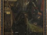 painting of a man in armor holding a sword in a room
