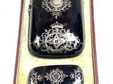 a black case with a silver and black design on it