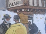 a painting of a group of people standing in front of a building