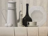 a painting of a white pitcher and a black and white cup on a table
