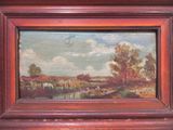 an oil painting of a landscape with cows grazing in a field