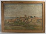 un vieux tableau représentant un village avec une église au loin