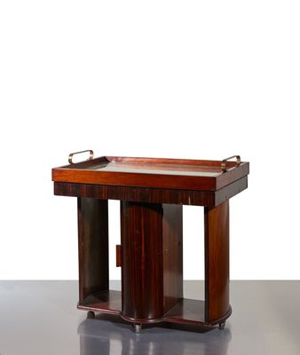 an image of a wooden table with a tray on top of it