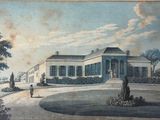 painting of a white house with blue shutters and a man standing in front of it