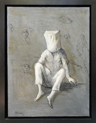 painting of a man sitting on the ground with a paper bag on his head
