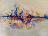 un tableau représentant un paysage urbain avec de nombreux bâtiments en arrière-plan