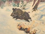 un tableau représentant deux ours et un animal mort dans la neige