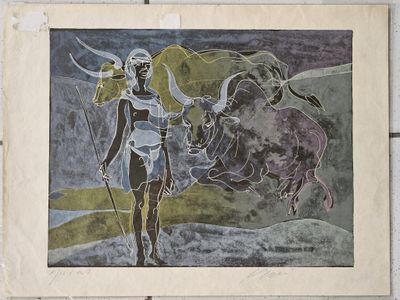 une image représentant un tableau où figurent une femme et un taureau