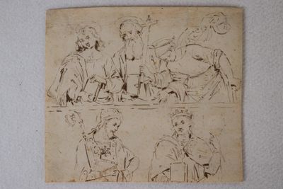 a drawing of a group of people sitting around a table