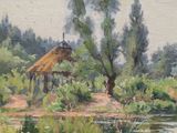 a painting of a hut in the middle of a field