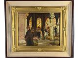 peinture à l'huile encadrée représentant une scène de rue avec un homme et une femme