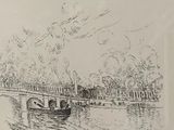 drawing of a boat on a river with a bridge in the background