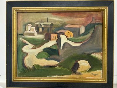 framed painting of a woman in a landscape with a house in the background