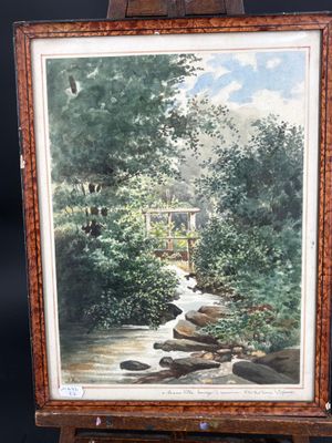 an oil painting of a stream running through a wooded area