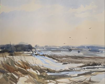 une aquarelle représentant un paysage enneigé avec des oiseaux volant dans le ciel