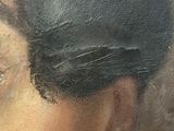 an oil painting of a woman ' s face with black hair