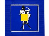a blue and yellow painting of a woman sitting on a chair