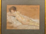 an image of a painting of a nude woman laying on a bed