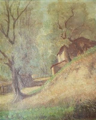 une peinture à l'huile représentant une maison sur une colline, avec un arbre au premier plan