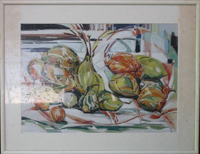 une peinture représentant des fruits et des légumes posés sur une table