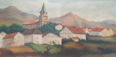 a painting of a village on a hill with a clock tower
