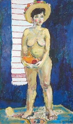 tableau représentant une femme coiffée d'un chapeau de paille et tenant un bol de fruits