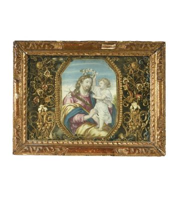 an old painting of a woman holding a baby in a gold frame
