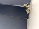 a blue box with a piece of gold on it