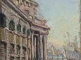 a painting of a boat in the water next to a building