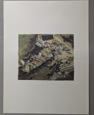 painting of an aerial view of a city with buildings and a river