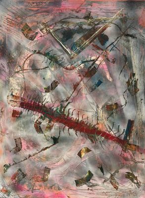 peinture abstraite représentant un tableau rose et bleu comportant de nombreux petits objets