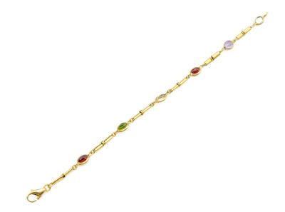a gold bracelet with multi colored stones