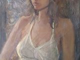 painting of a woman in a white dress sitting in front of a window