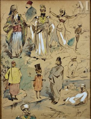tableau représentant un groupe d'hommes et de femmes vêtus de costumes traditionnels