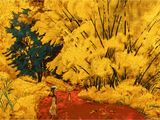 painting of two people walking down a path in a yellow forest