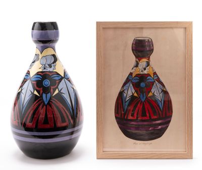 an image of a painting of a woman in a red dress next to a vase