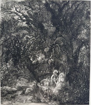 an old black and white drawing of a man and a woman in a wooded area