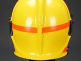 yellow fireman helmet with orange stripes on a black base