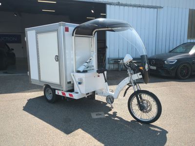 une petite moto à laquelle est attelée une remorque